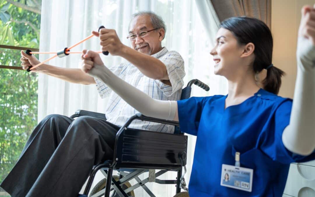 An elderly man doing physical therapy with a therapist nurse in a skilled nursing facility